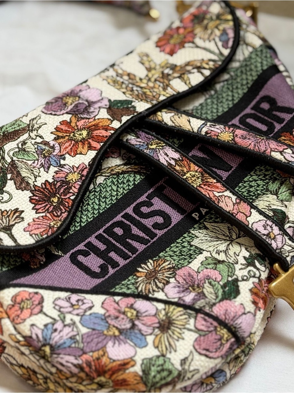 Dior Floral Embroidered Shoulder Bag in Cream, Pink, Purple & Green